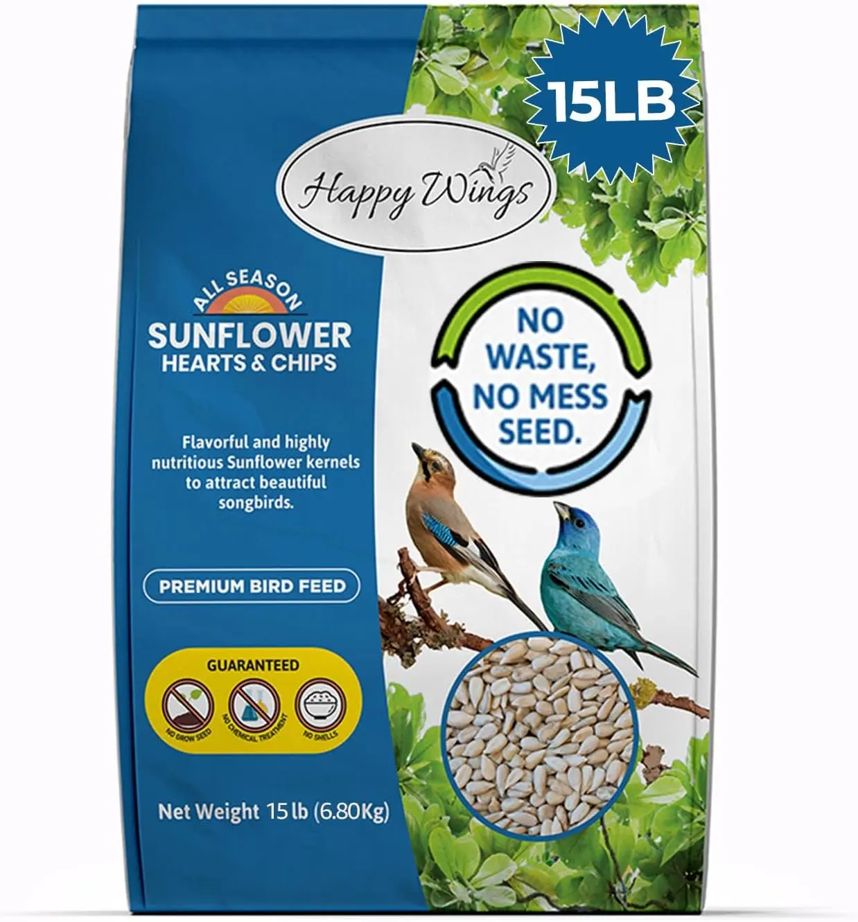 

Корм для птиц Happy Wings Sunflower Hearts & Chips, 15 фунтов, без беспорядка и ухода за контейнером, формула без прорастания семян, идеально подходит для диких птиц, зябликов, сорок.