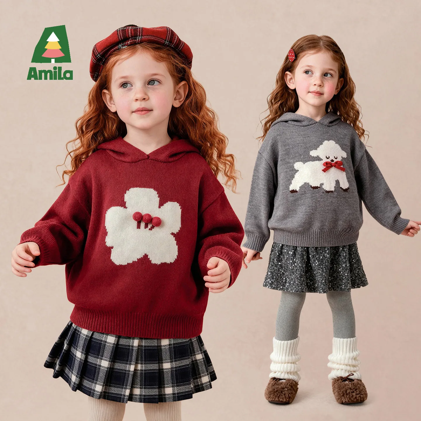 Amila 2026 Winter New Kids Sweater Pastoral Style Hooded Jacquard Warm Extra Soft Cozy Comfortable Warm Daily Knitted Top