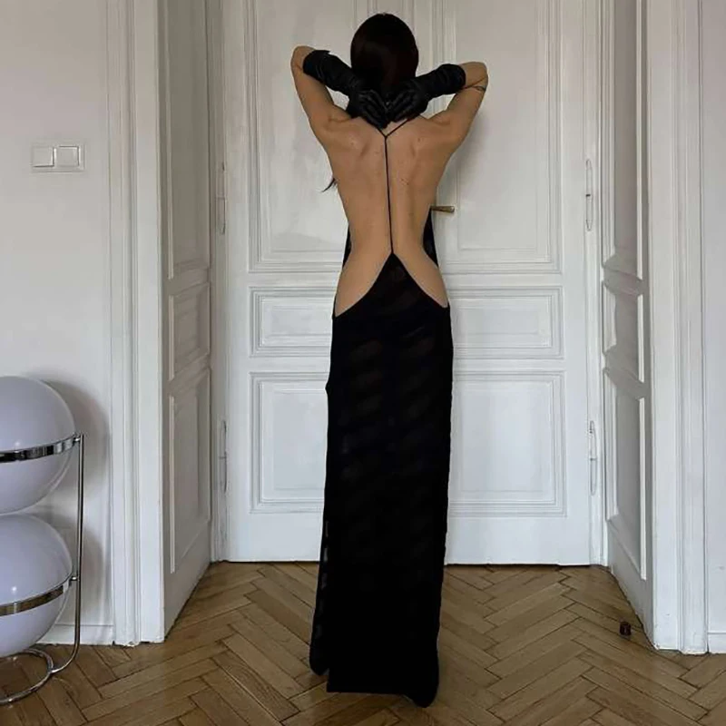 Sexy Mesh See Through Maxi Dress Women Backless Cut Out Night Prom Party Vestido 2025 Summer Harajuku Elegant Y2K Clothes