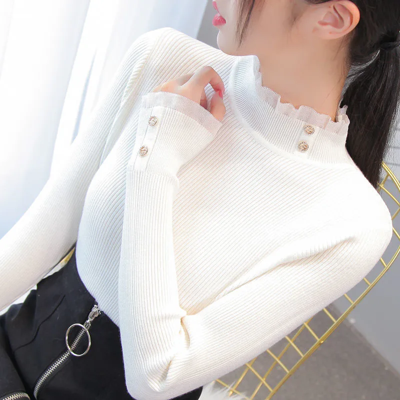 Lucyever Lace Ruffles Collar Women Sweater Fashion Patchwork Slim Fit Knitting Women's Jumper Elegant Long Sleeve Knitwear Top