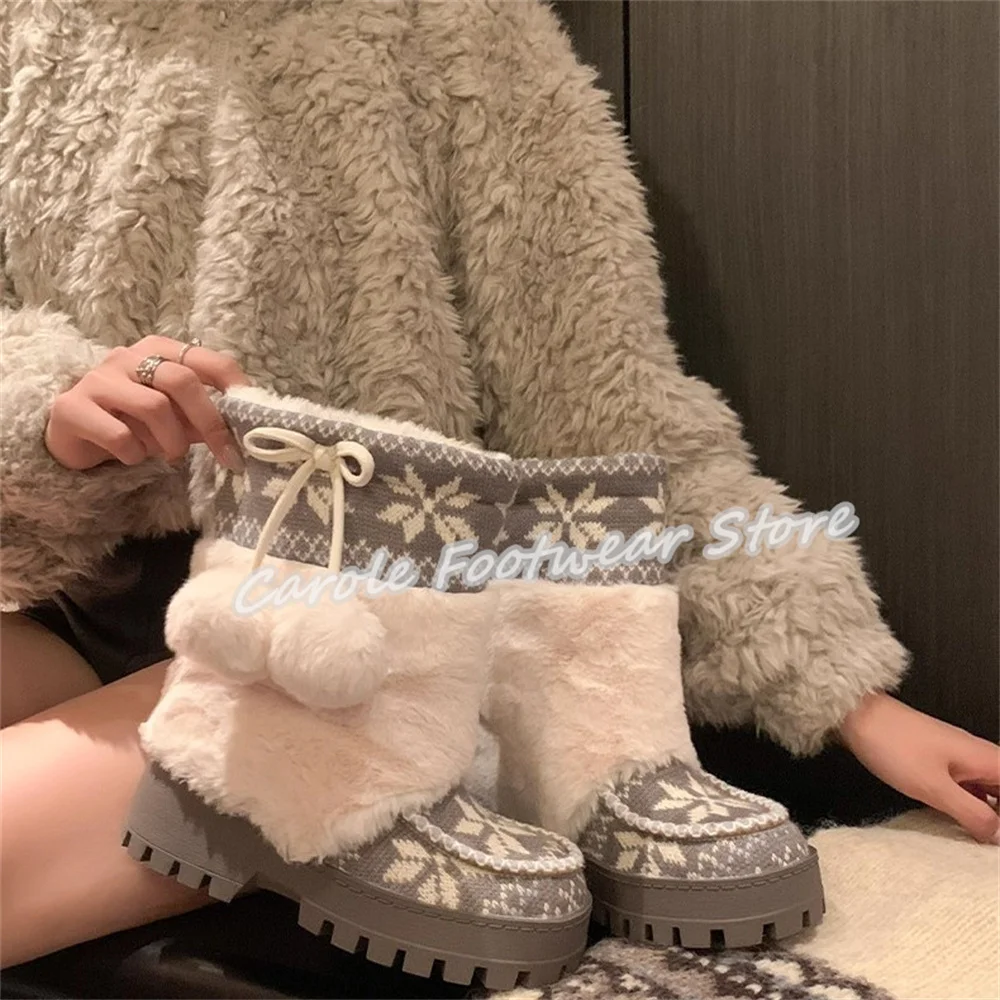 

Winter Warm Plush Splicing Women Snow Boots Mixed Color Christmas Elk Prints Mid-calf Boots Ladies Roudn Toe Chunky Heel Boots