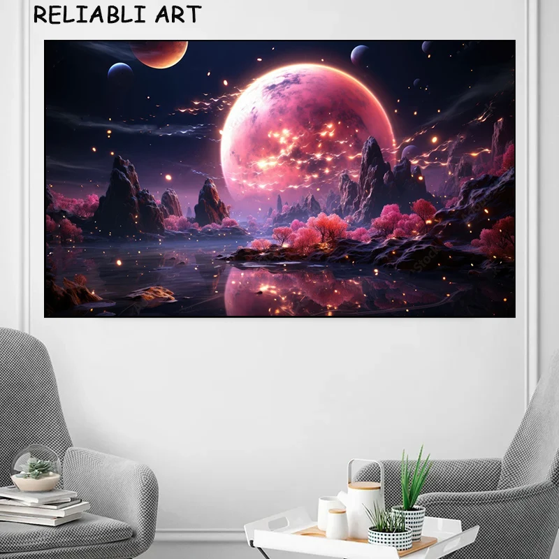 Pink Tree Cloud Earth Universe Landscape Poster and Prints Canvas Painting Wall Art Pictures For Living Room Home Decor No Frame