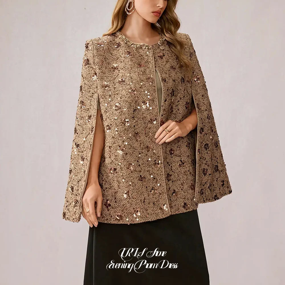 Luxury Sequin Beaded Tweed Cape Jacket Black Skirt for Women O-Neck Evening Outerwear for Prom Gala Wedding Guest view 5