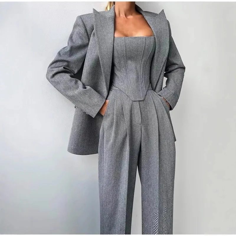 Solid Fashion Three Piece Suit Notched Collar Long Sleeves Blazers with Belt Slim Pant Suits Jacket Autumn New Women's Clothing