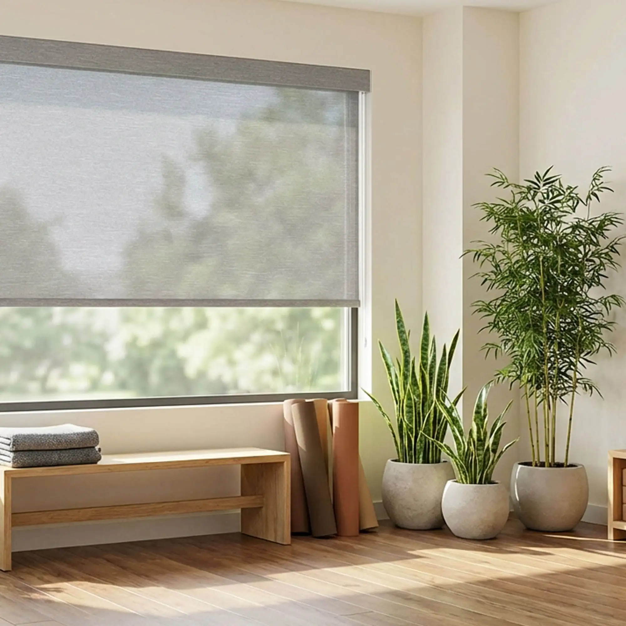 Premium solar fabric. Reflects 78% sun heat, blocks 98% light, stops UV. Max width 410cm. Interior/exterior. Patent protected
