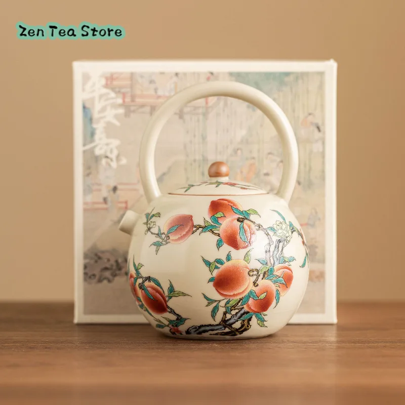 Pink Peach Ru Kiln Teapot Single Pot Chinese Ceramic Beam Pot Kung Fu Tea Set Can Open Large Capacity Teapot