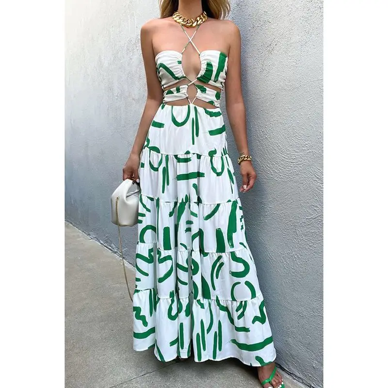 Combhasaki المرأة الصيف الدانتيل متابعة الرسن الرقبة أنيق الأزهار طباعة/التباين اللون انقطاع عارية الذراعين أكمام ألف خط فستان طويل