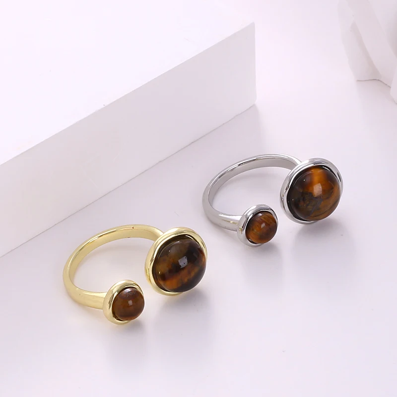 Vintage Natural Round Tiger's Eye Stone Delicate Open Ring Maillard Premium Sense Fold Ring Wide For Women And Men