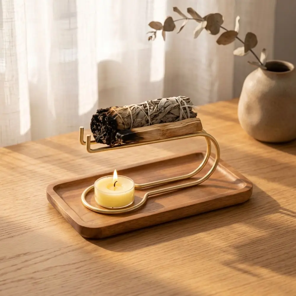 Creative Wooden Smudge Stick Burner Decorative Iron Art Candle Holder Vintage Style Incense Burner Holder Table Centerpiece