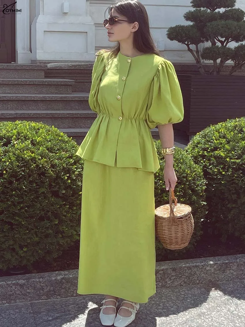 

Повседневный комплект Oymimi из 2 предметов из зеленого хлопка для женщин: модные рубашки с круглым вырезом, пышными рукавами и пуговицами, а также прямые юбки длиной до щиколотки.