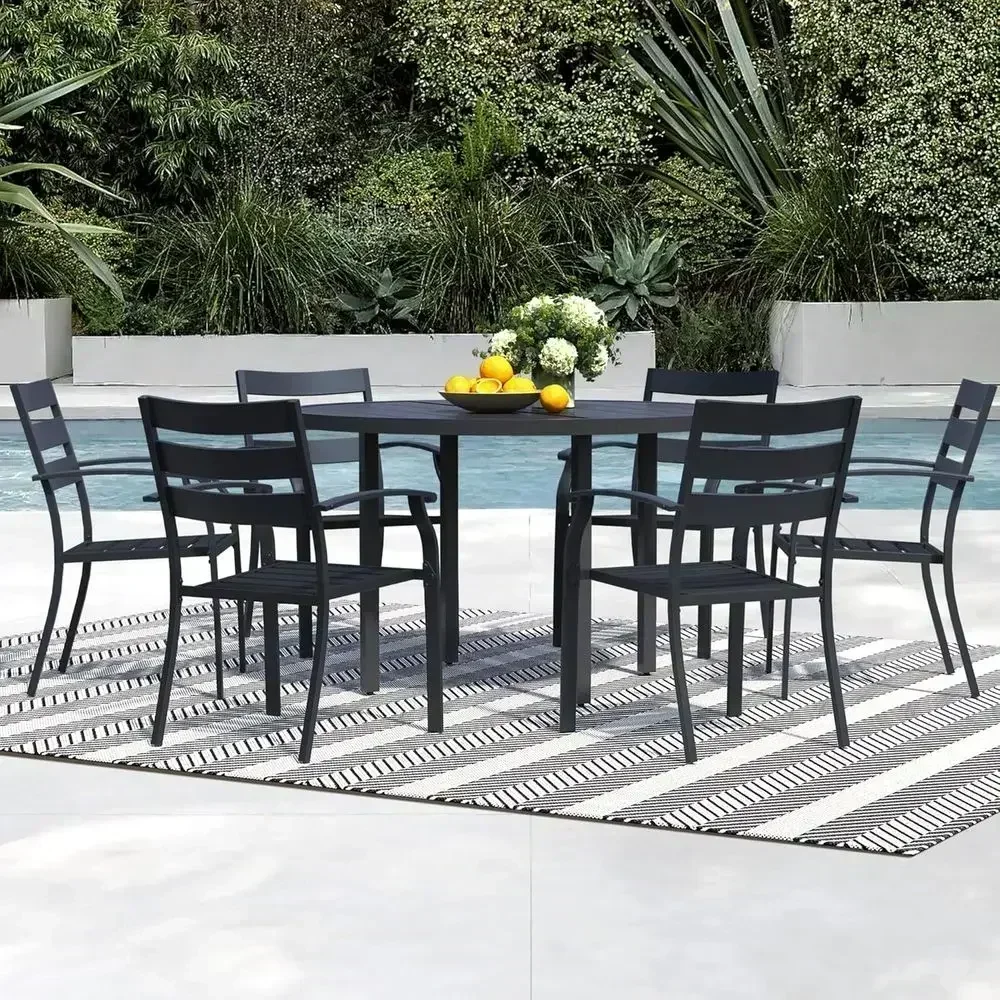 7-Piece Outdoor Dining Set: 47 Round Metal Table with 6 Stackable Patio Chairs for Lawn & Garden