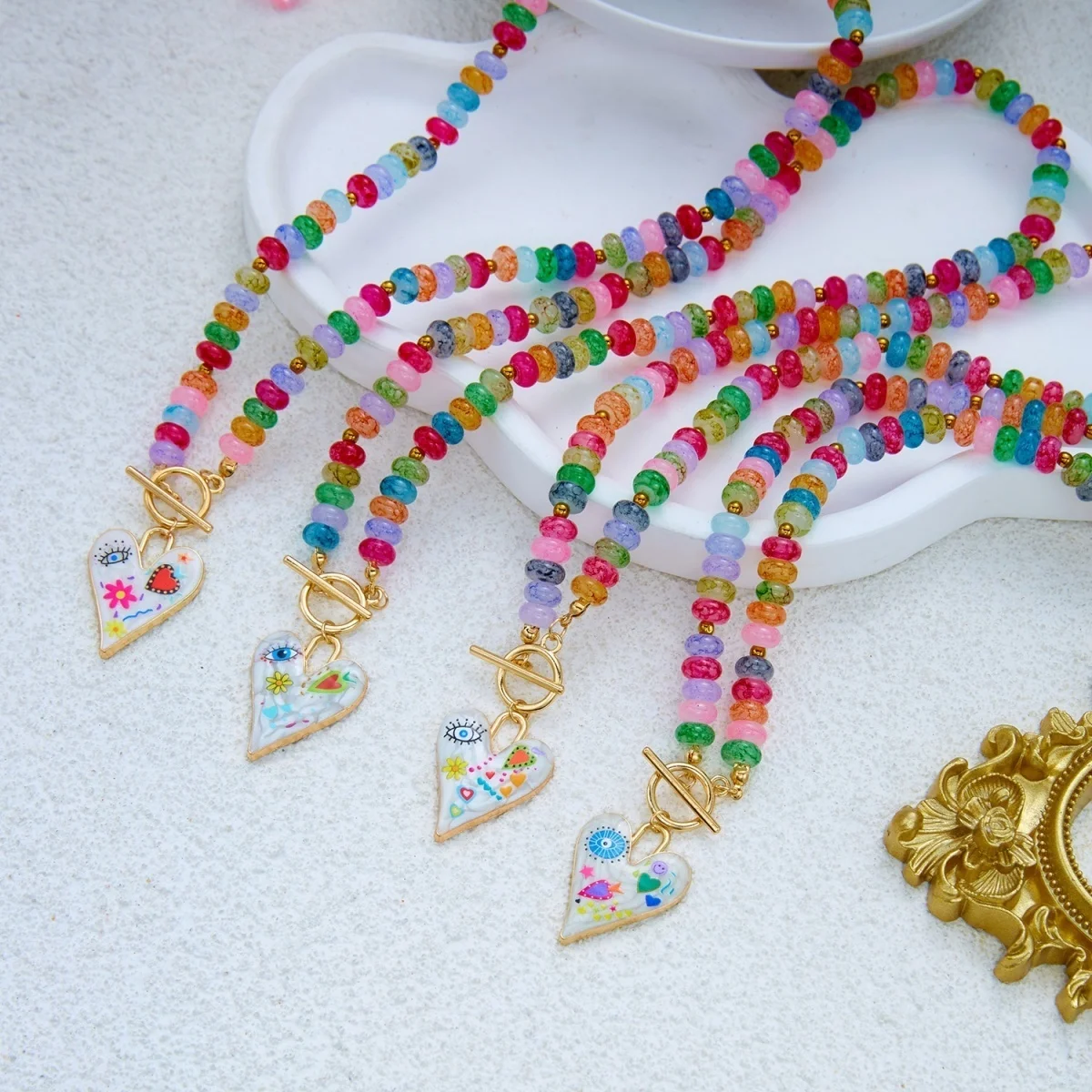 Dopamin Bunte Glas-Flachperlen Graffiti-Blumen-Herz-Anhänger Halskette für Frauen Männer Y2K Vintage OT-Schnallen-Choker Schmuck – Detail 27