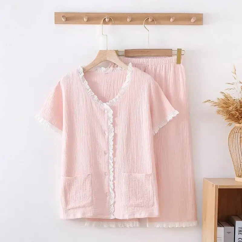 الصيف لطيف اليابانية الدانتيل المرأة الشاش باماس القطن الخالص رقيقة قصيرة الأكمام Capris الفتيات ملابس المنزل بيجامة دامن