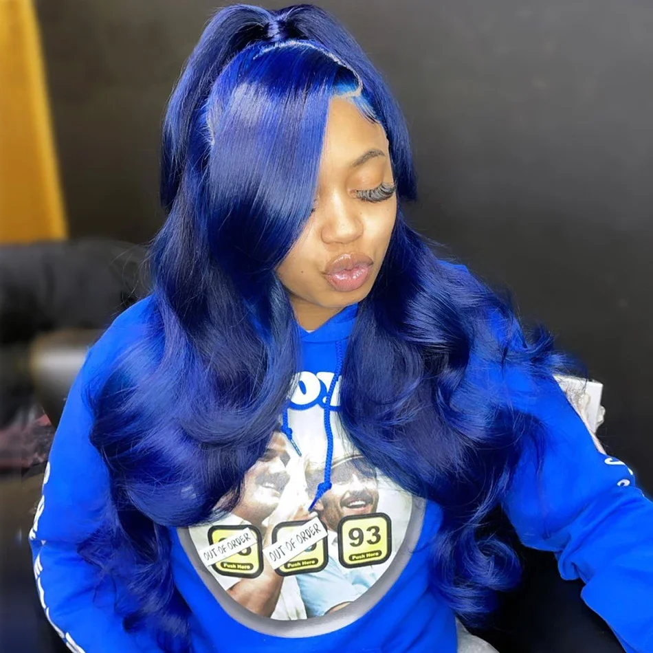 Navy Blue 13x4 Lace Front Body Wave Human Hair Wigs Brazilian Blue Colored Transparent Lace Front Wigs For Women Pre Plucked