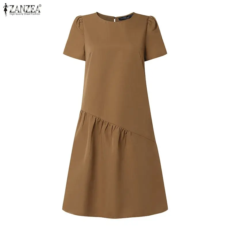 2026 Sommerkleid ZANZEA Damen Casual O-Ausschnitt Kurzarm-Sommerkleid Elegantes Einfarbiges OL Arbeitskleid Knielang Urlaubskleid Robe Femme