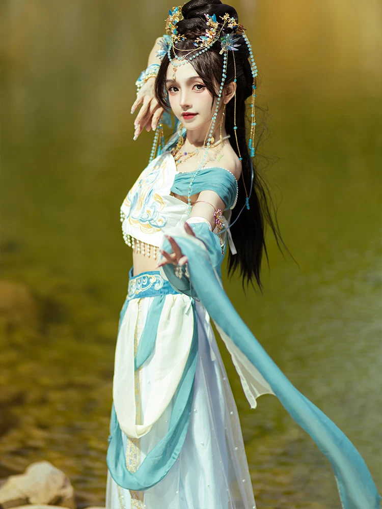 Ming Dynasty Hanfu Women\'s Chinese Western Exotic Dance Dress Fairy Princess Dress Traditional National Costume Blue Hanfu