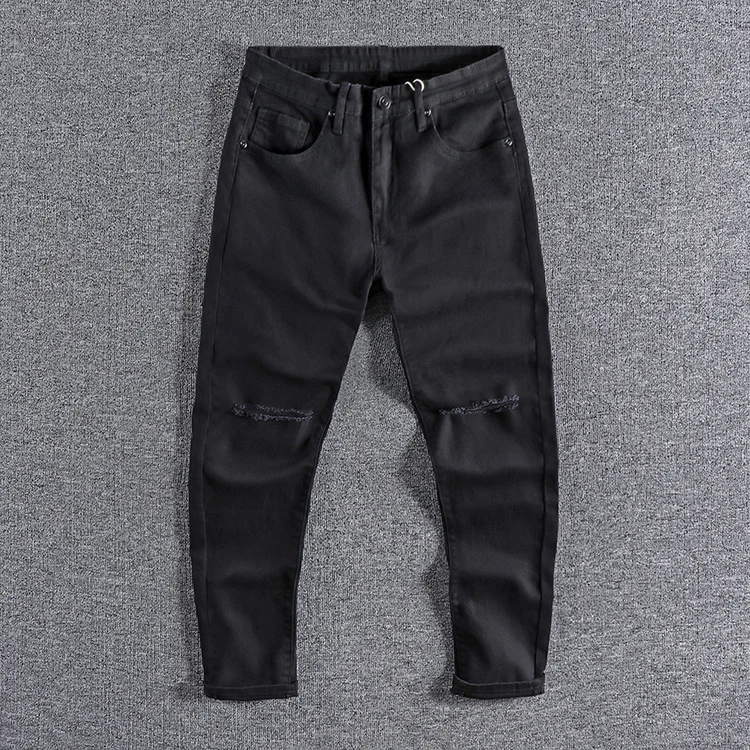 

Black Slim Fit Men's Jeans Knee-High Tear Casual Cotton Stretch Denim mid Waist Youth Fashion Comfortable Breathable