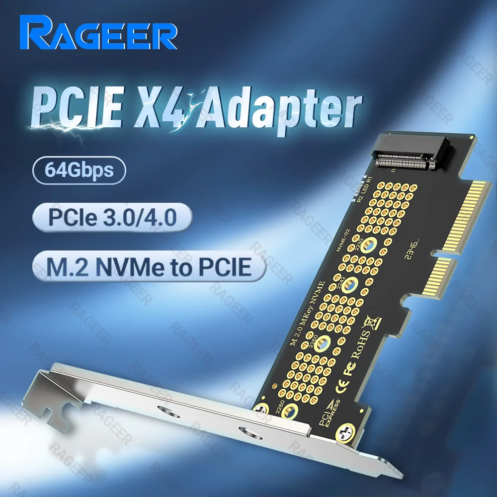 Переходная карта RAGEER PCIE-NVMe X4, PCI Express 4,0/3,0 64 Гбит/с на M.2 2280/60/42/30 SSD конвертер с металлическим профильным кронштейном