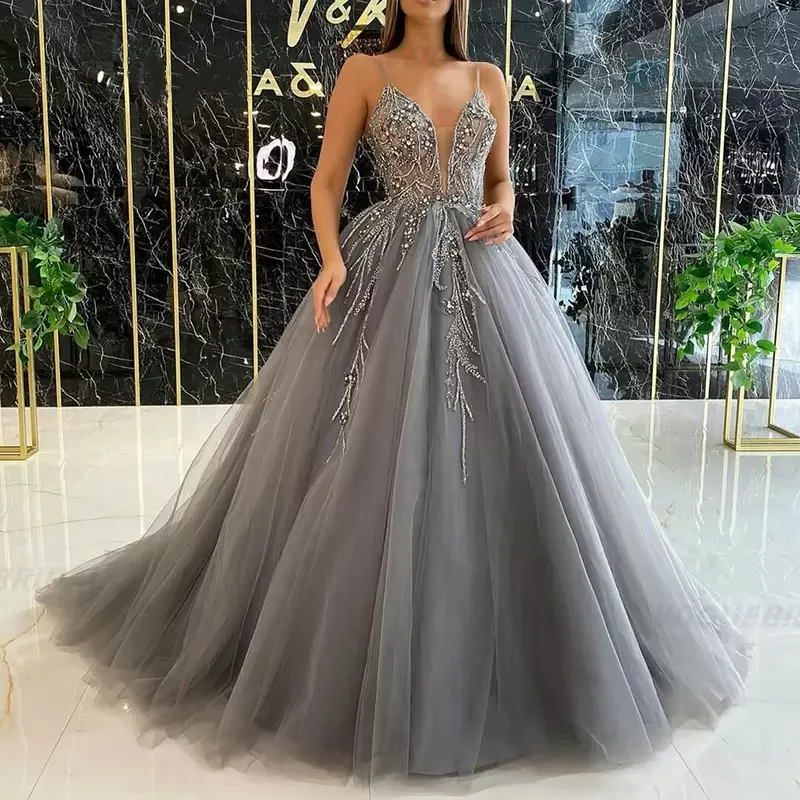

Sexy V-Neck Grey Evening Dresses Lace Sequined Beaded A Line Prom Dresses Custom Made Long Robe De Soirée Sale