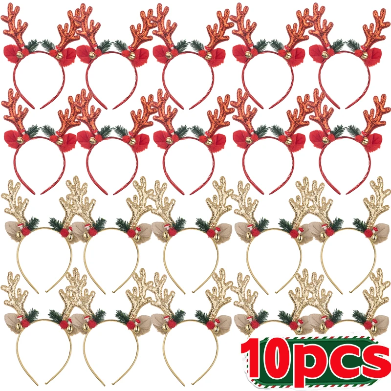 

10pcs Christmas Sparkling Deer Horn Headband Lovely Bell Hair Hoop Antlers Hair Band Festival Decorative Headwear Wholesale
