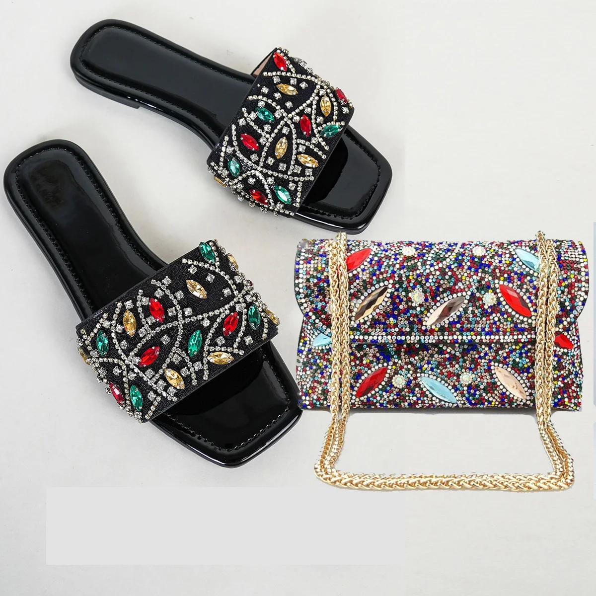 

Women's Summer New Flat-bottomed Rhinestone Handmade Slippers Fashion Square Wearing Sandals Large Rhinestone Chain Shoulder Bag