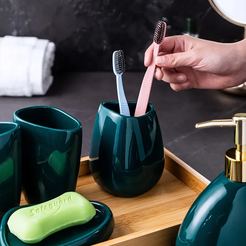 5-piece  Bottle Tray Lotion Green Dish Cup Supplies Soap Bathroom Wood Set Ceramic Mouth Toothbrush