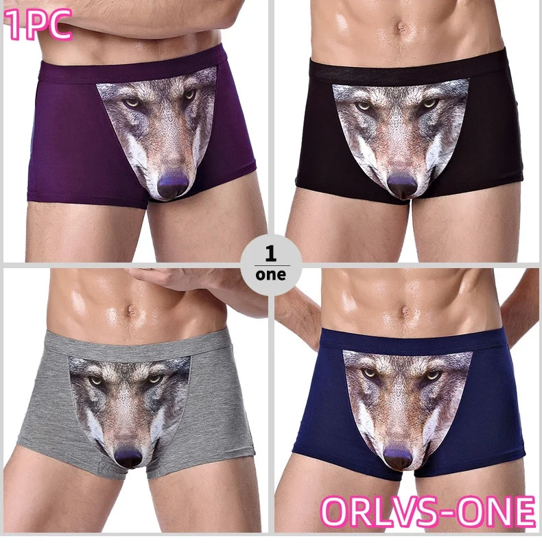 1 PC Men's Unique 3D Printed Wolf Eagle Head Flat Angle Pants Mid-waist Boxer Shorts Breathable Knitted Modal Fabric MU032
