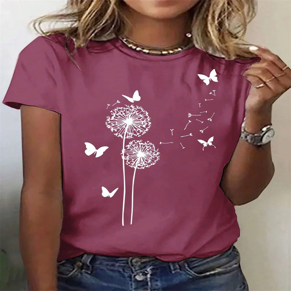 Round Neck Short Sleeved Casual T-shirt With Dandelion Butterfly Pattern Suitable For Daily Commuting, Work Dating Versatile