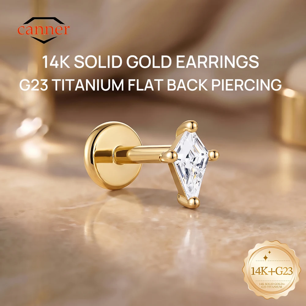 CANNER 1PC 14K Solid Gold Kite Cut CZ Flat Back Earring Hypoallergenic Ear Cartilage Jewelry for Women Wedding Party Gift