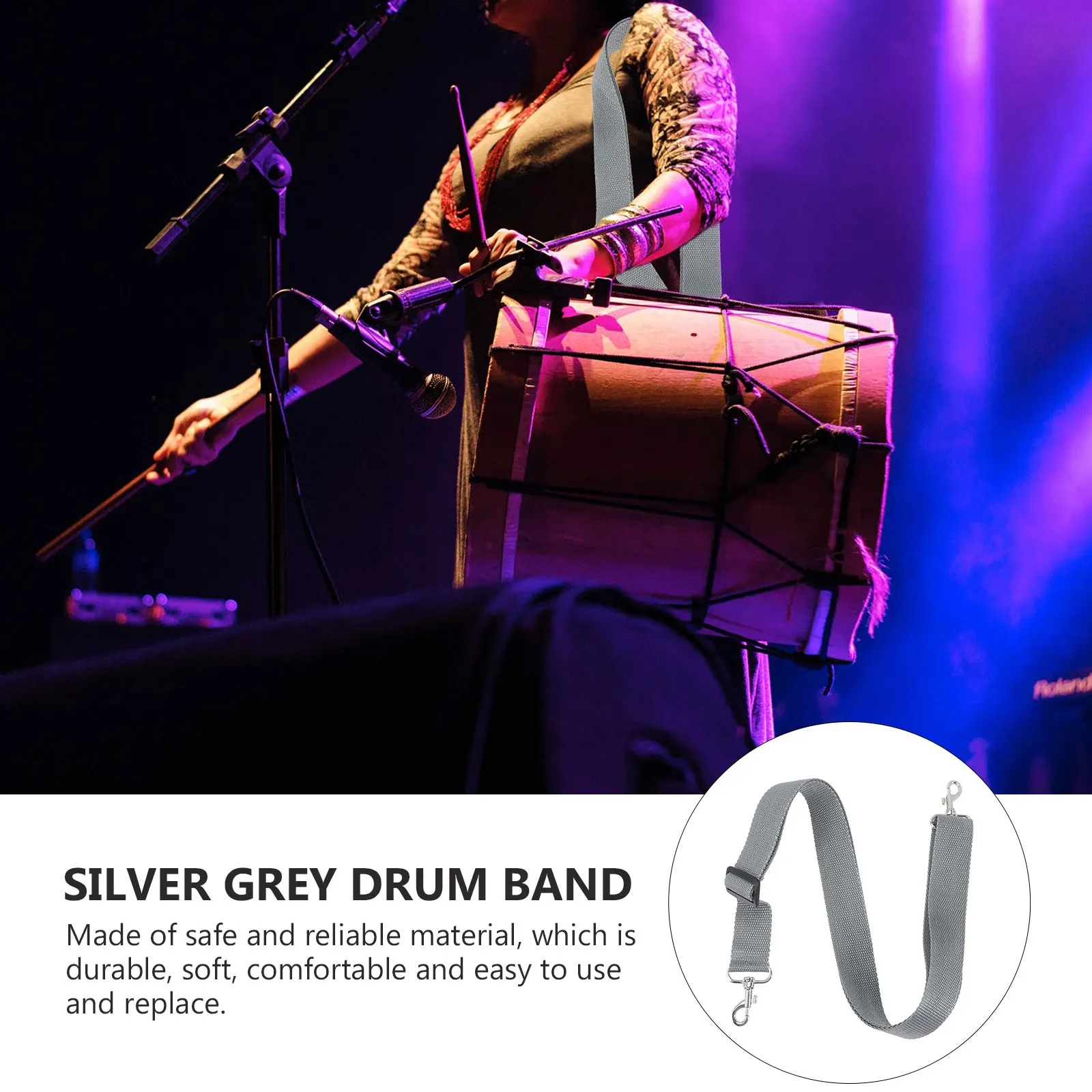 

Silver Grey 3.6CM Tiger Buckle Snare Strap Adjustable Drum Belt Snare Drum Sling Marching Band Comfort Soft Durable