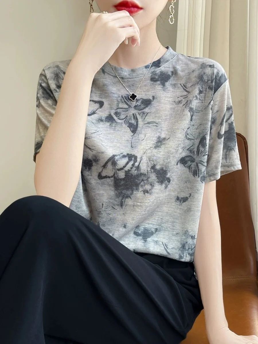 Tie Dye Print Vintage Women's Loose Silk Base irt Spring Summer New Sle Faionable T-irt Top Small irt round Ne ...