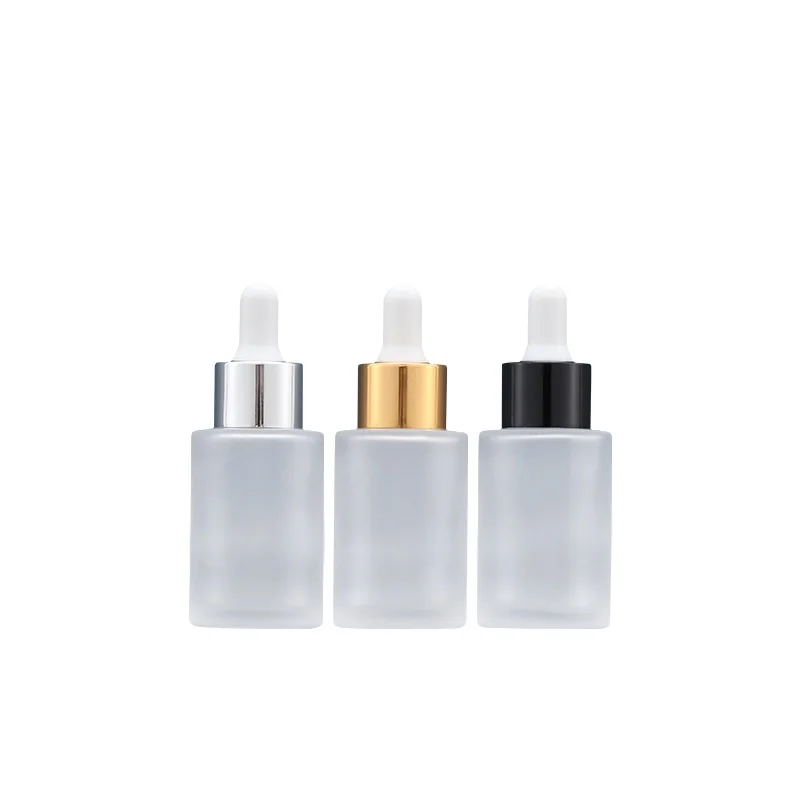 15pcs Empty Bottle Round Essential Oil Dropper 30ml Refillable Vials White Rubber Top Flat Shoulder Frost Glass Cosmetic Bottles