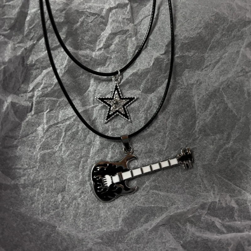 Star Pendant Vintage Necklace Punk Star Choker Rock Roll Guitar Layered Necklace for Women Men Eboy Egirl Bar Party Jewelry