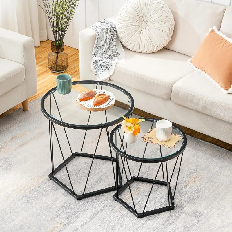 Small Coffee Table Set of 2, Round Coffee End Table with Metal Frame, Glass Top, Gold Side Table for Living Room, Bedroom