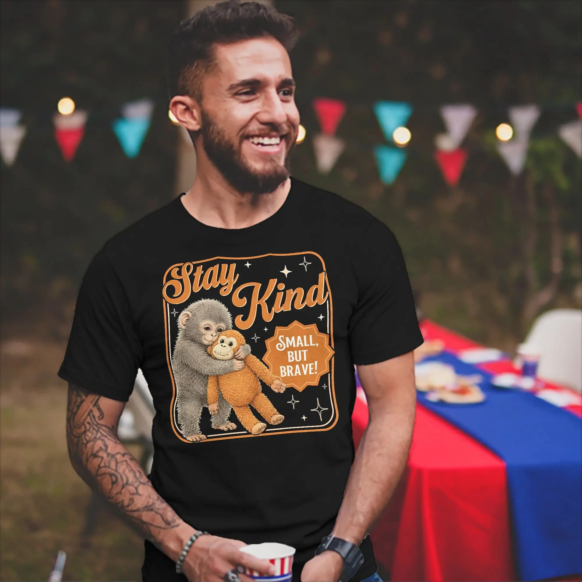 Team Punch Monkey Small but Brave T-Shirt Men Cotton Tops Printed  Round Neck Short Sleeve