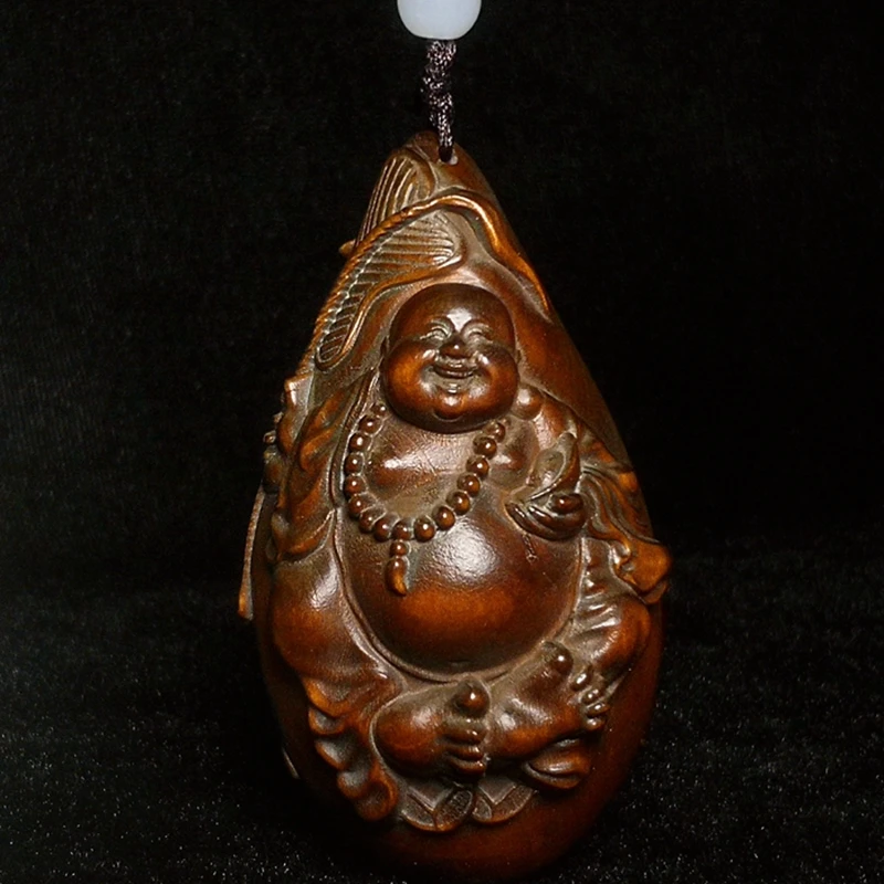 YIZHU CULTUER ART Size 3 Inch Old Chinese Boxwood Wood Hand Carved Fish Maitreya Buddha Figure statue netsuke Gift Collection