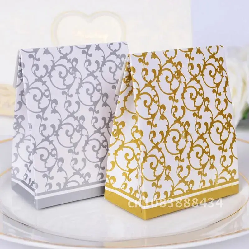 

10Pcs/lot Gold Silver Candy Paper Box With Ribbon Gift Bags Wedding Favors Sugar Case Birthday Party Decor Mariage Casamento