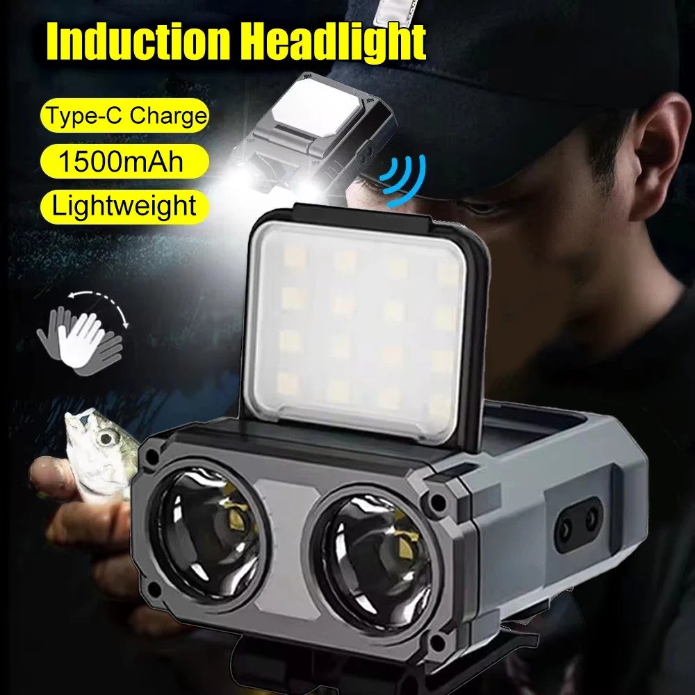 Powerful Dual Light Source Sensor Headlamp USB Rechargeable Head Flashlight with Stepless Dimming Camping Fishing Headlight