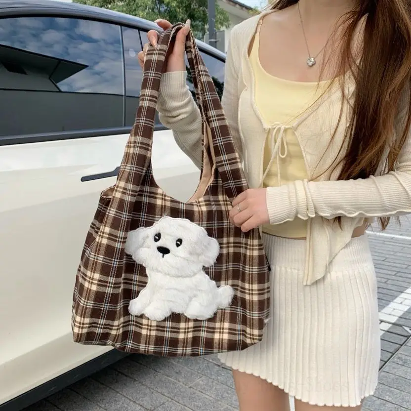 2025 Autumn and Winter Fashion Plush Cartoon Bear Plaid Vest Bag Student Large Capacity Canvas Girly Casual Shoulder Bag