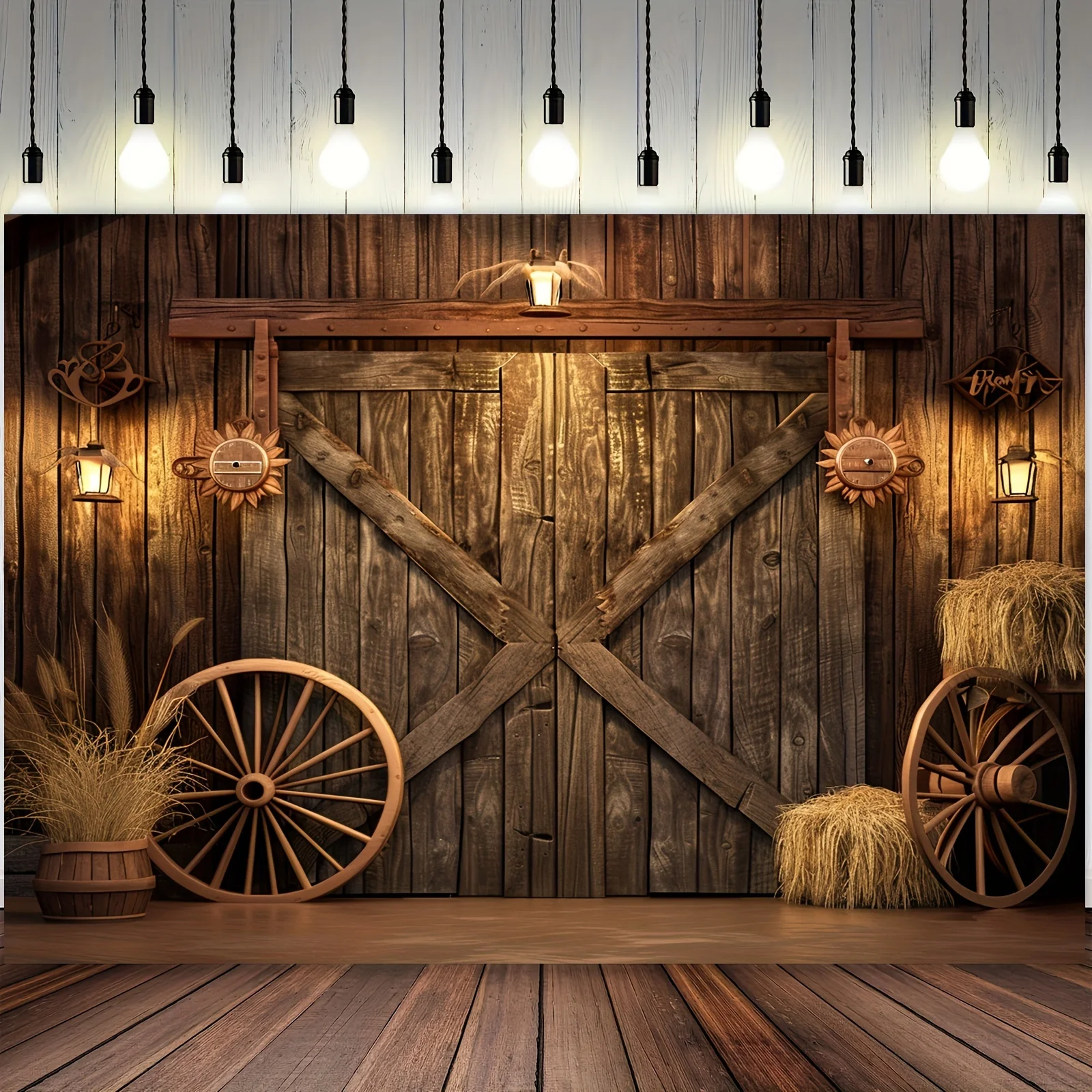 Western Cowboy-themed polyester background - vintage barn door and log cabin designs, party, and birthday decorations