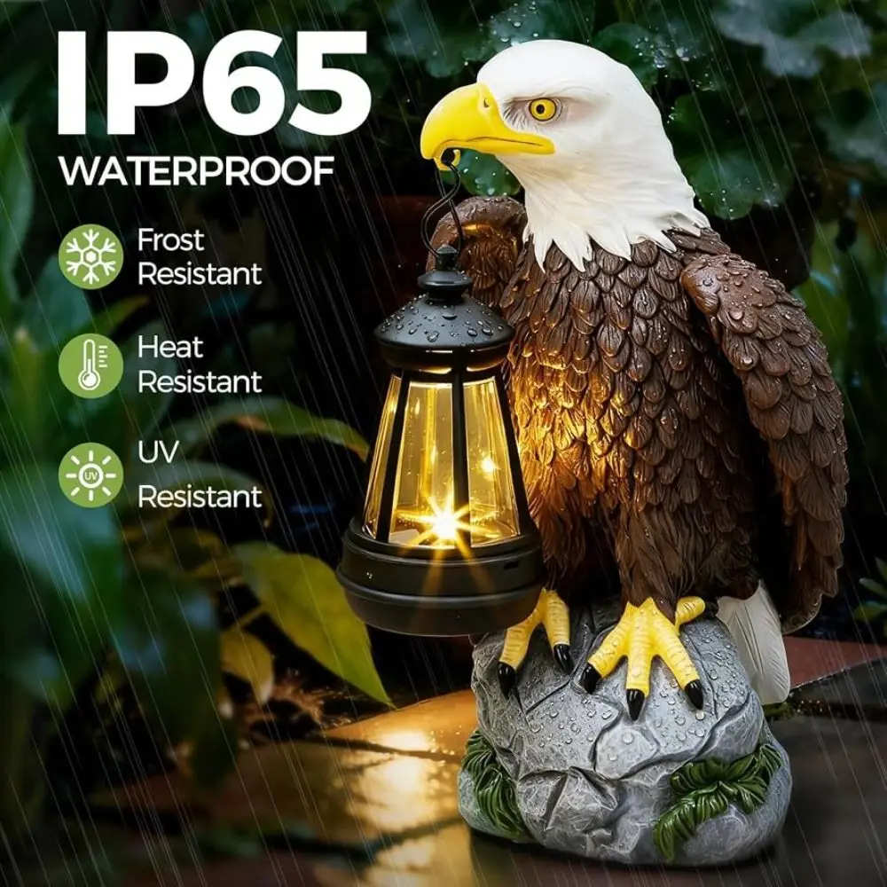 Resin Material Eagle Garden Statue Waterproof Weather-Proof Bald Eagle Figurine Durable Solar-Powered Solar Eagle Decor