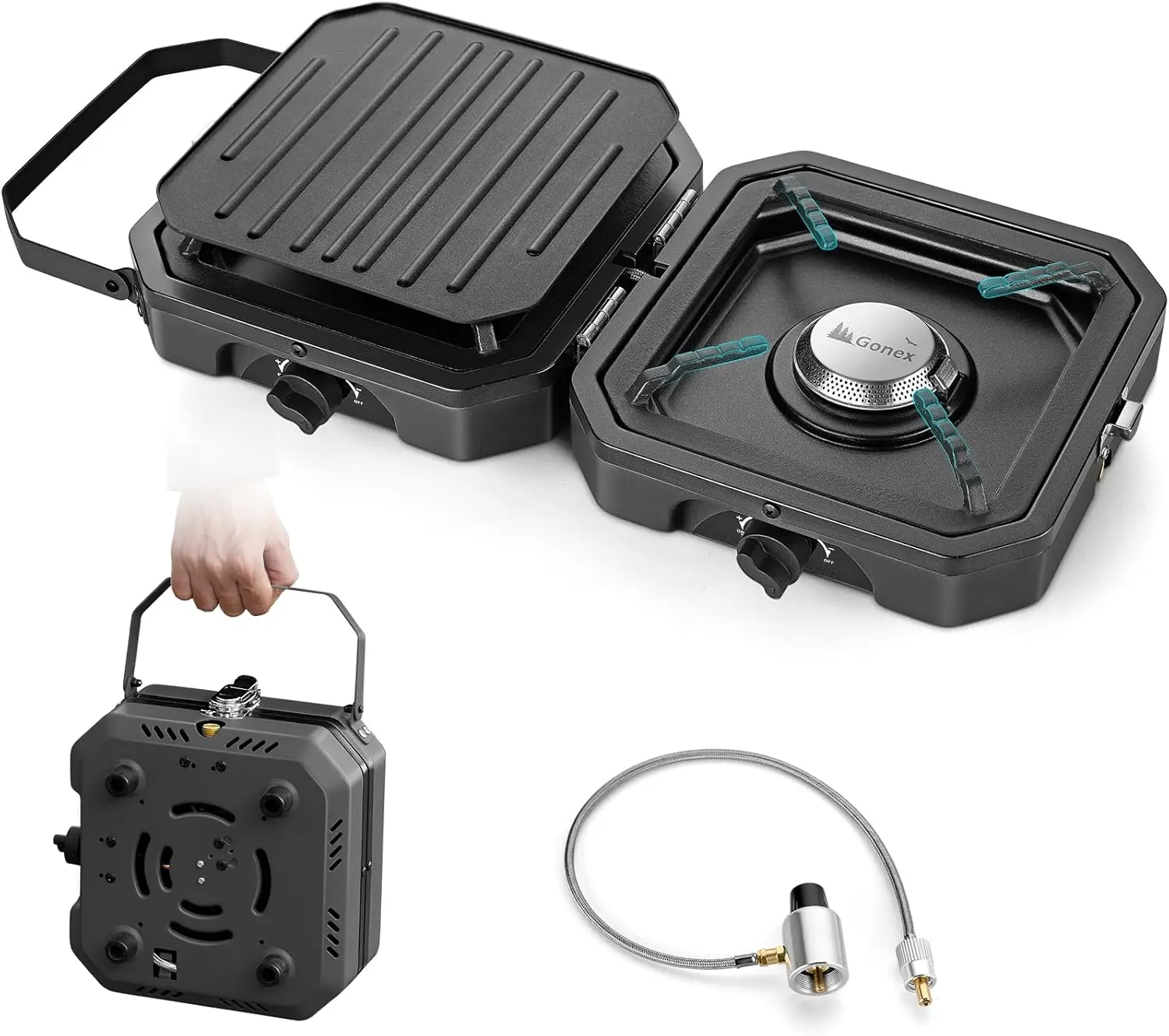 

2-конфорочная пропановая походная печь с решеткой, 16 000 БТЕ, складная, с пьезозажиганием, черная