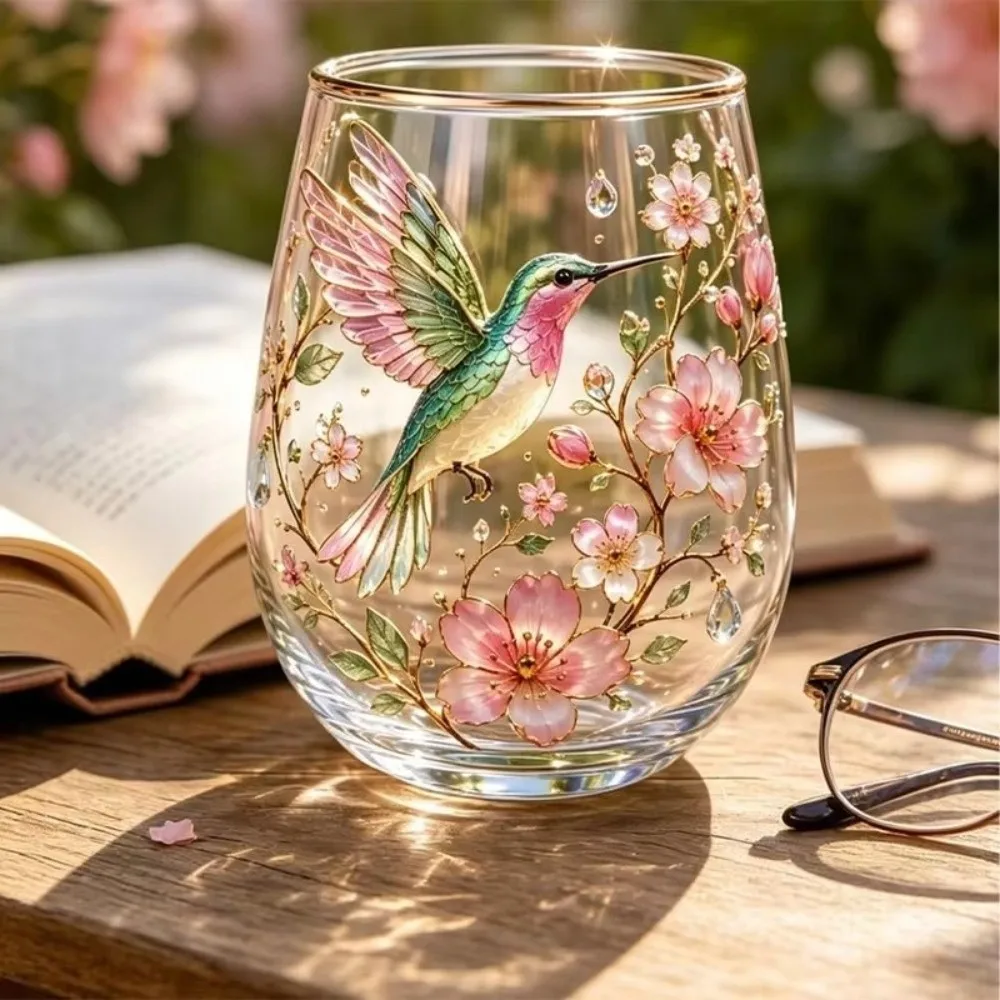 Transparent Hummingbird Joy Tea Cup Pastoral Style Gold Rimmed Milk Decorative Tumbler Enamel Floral Bird Design Large Capacity