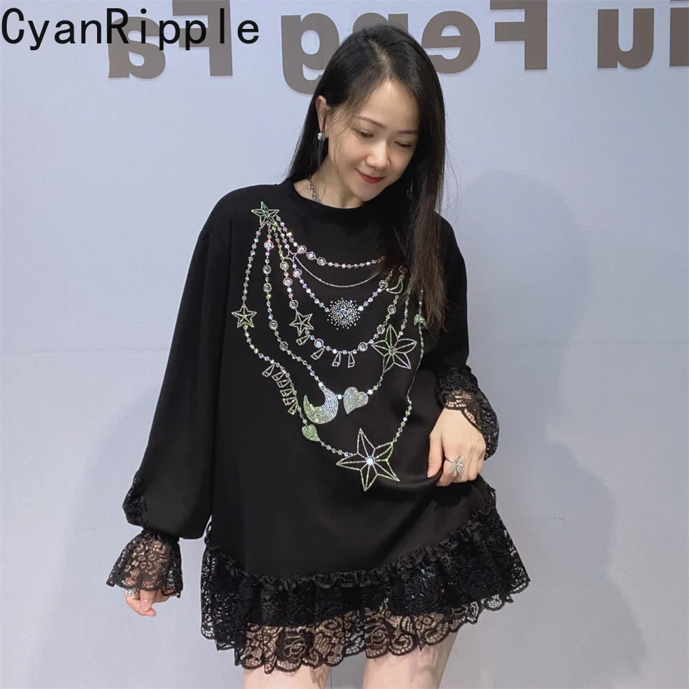 Space Cotton New Spring Autumn Long Sleeve Women T-shirt Hot Diamonds Round Neck Pullover Top Elegant Lace Splicing Sweatshirt