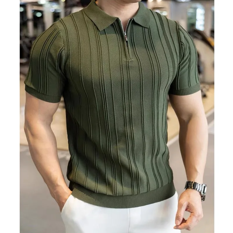 Summer Men's Striped Jacquard Knit Polo Shirt Vintage American Zipper Knitted Short Sleeve T-shirt Men Solid Color Elastic Top
