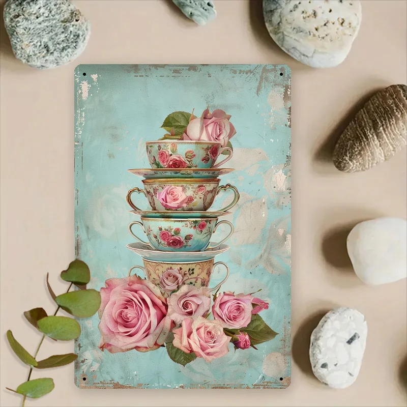 Vintage Teeparty Teetasse Eisen Metall Blechschild 8x12 Zoll Blumenmuster Wanddekoration Plakette für Esszimmer Café