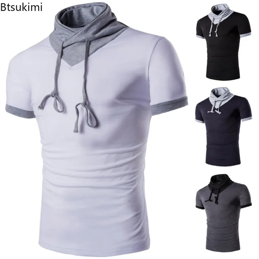 

2025 Men's Casual Short Sleeve Stand Collar T-shirt Fashion Colorblock Design Summer Versatile Tops Trend Tees Sweatrshirts Male