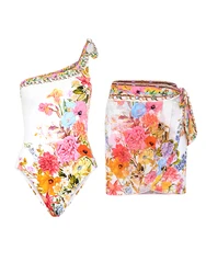 Fashion Vintage Floral  Cluster Print Oblique Shoulder One Shoulder Wrong Into Design One-piece Women's Bikini Swimsuit Cover Up