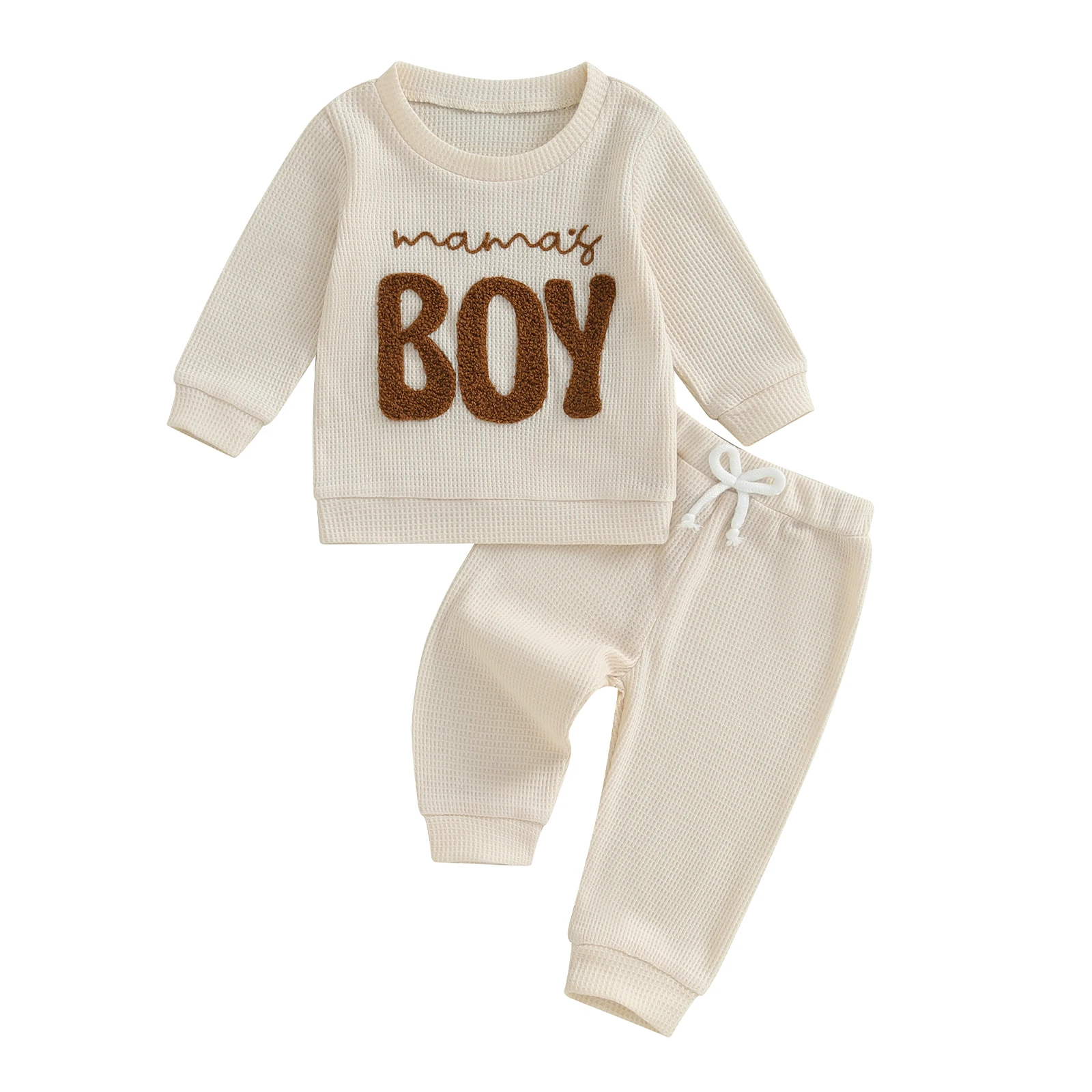

Toddler Boy Fall Waffled Outfits Letter Embroidery Long Sleeve Round Neck Pullover Elastic Waist Pants 2 Pcs Set