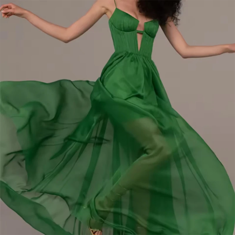 Fashion Green spaghetti-straps v-neck Formal Evening Dresses Chiffon A-Line Prom Dresses Customized فساتين سهرة